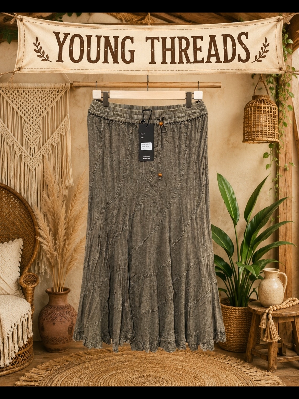 Young Threads Olive Maxi Skirt with Textured Detail